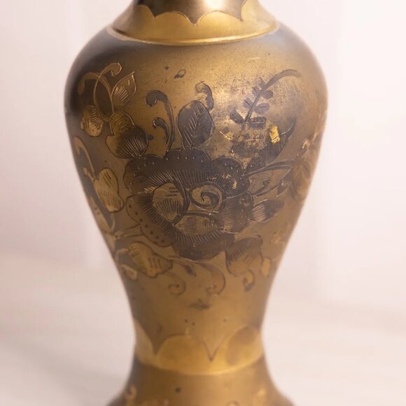 Tall Silver and Gold Tone Brass Vase with Floral Designs & Ruffle Edge - Picture 4 of 5